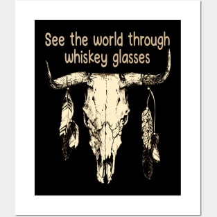 See The World Through Whiskey Glasses Skull Bull Vintage Feather Posters and Art